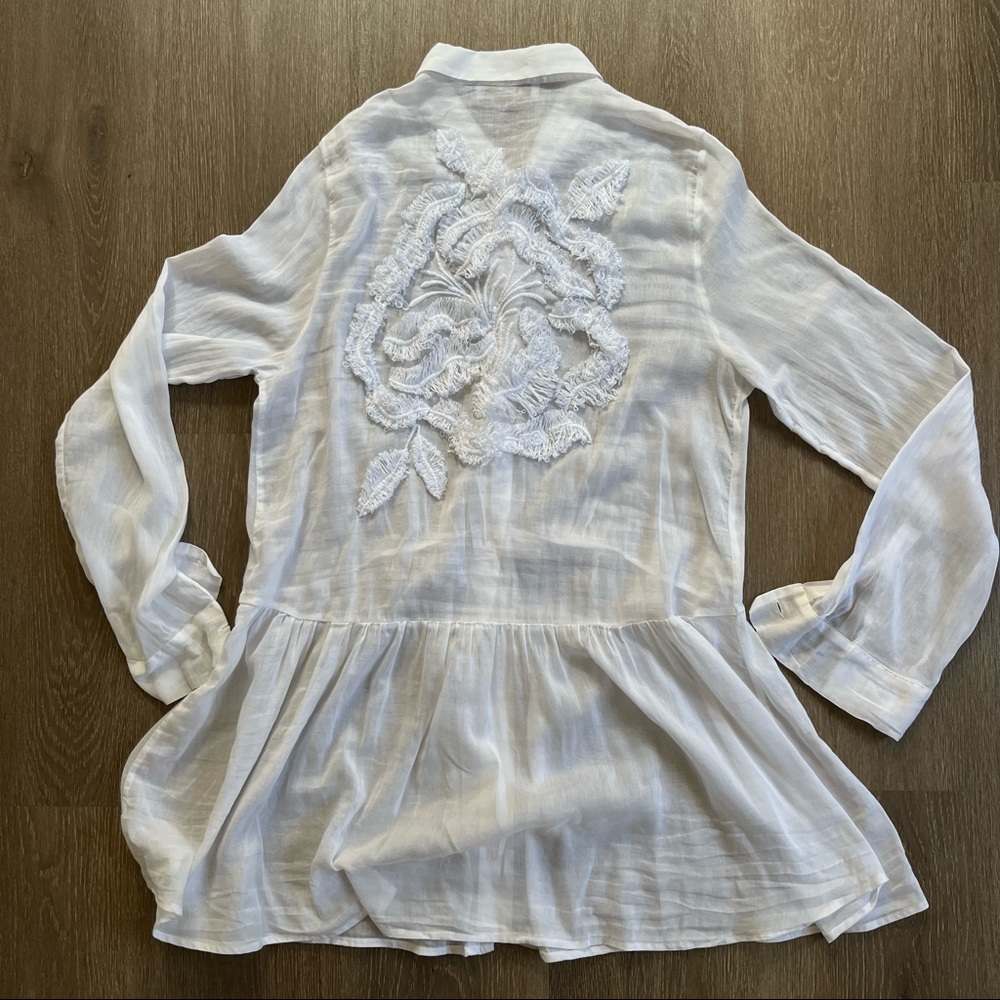 Tonet Italian sheer long sleeve, tie waist button front blouse